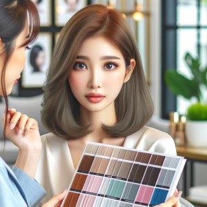 DALL·E 2024-04-28 10.17.20 - A modern beauty salon scene depicting the young Asian woman with large expressive eyes and shoulder-length brown hair, consulting with a stylist about