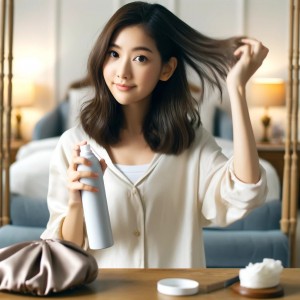 DALL·E 2024-04-28 10.04.17 - A cozy, efficient home setting featuring the young Asian woman with large expressive eyes and shoulder-length brown hair. She is applying dry shampoo
